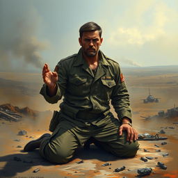 A defeated war commander, kneeling on the ground with a look of determination and resilience on his face