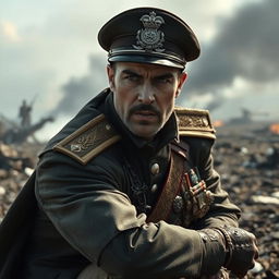 A war commander who has been captured, kneeling in a dramatic pose