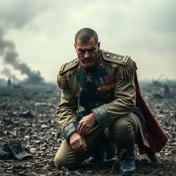 A war commander who has been captured, kneeling in a dramatic pose