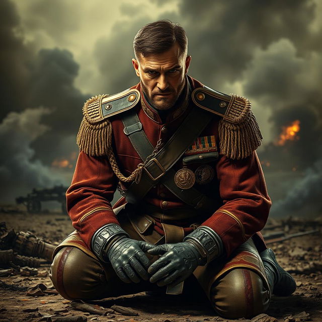 A war commander who has been captured, kneeling in a dramatic pose