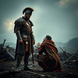 A powerful scene of a war commander who has captured his enemy in a moment of mercy, depicting an intense emotional exchange