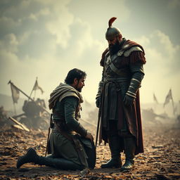 A powerful scene of a war commander who has captured his enemy in a moment of mercy, depicting an intense emotional exchange