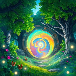 A magical portal opening in an enchanting forest, swirling with vibrant colors and mystical symbols