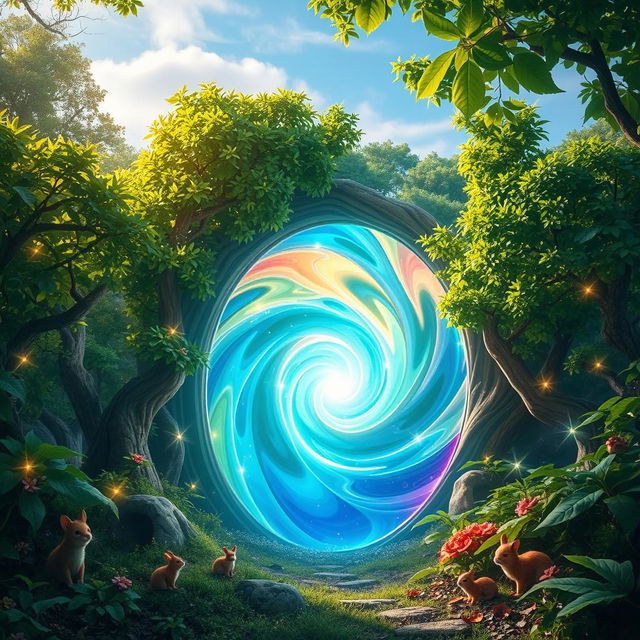 A magical portal opening in an enchanting forest, swirling with vibrant colors and mystical symbols