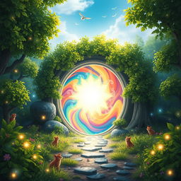 A magical portal opening in an enchanting forest, swirling with vibrant colors and mystical symbols