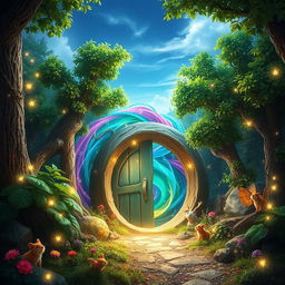 A magical portal opening in an enchanting forest, swirling with vibrant colors and mystical symbols