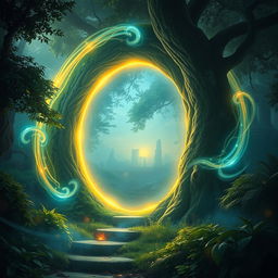 A realistic depiction of a magical portal, glowing with an otherworldly light
