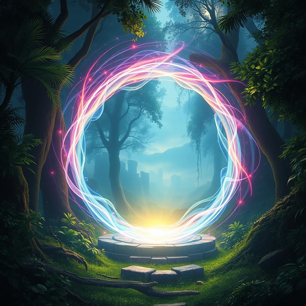 A realistic depiction of a magical portal, glowing with an otherworldly light