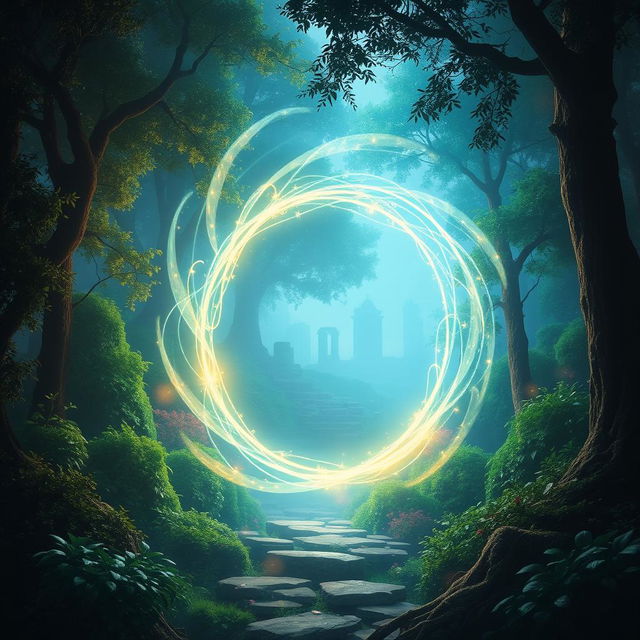 A realistic depiction of a magical portal, glowing with an otherworldly light