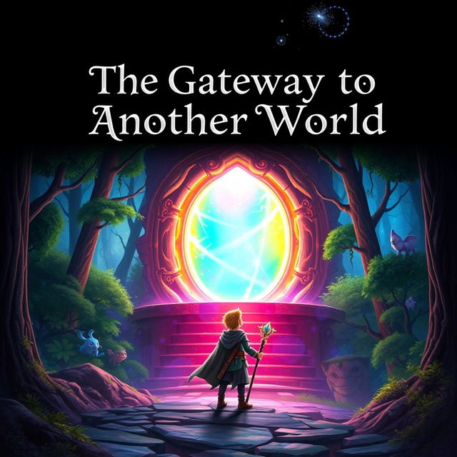 A fantasy book cover titled 'The Gateway to Another World', featuring a mystical portal surrounded by lush, enchanted forests