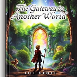 A fantasy book cover titled 'The Gateway to Another World', featuring a mystical portal surrounded by lush, enchanted forests