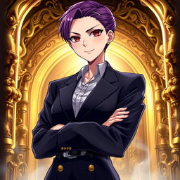 An eye-catching light novel cover featuring a tall female character dressed in a sleek black blazer that conveys sophistication and authority