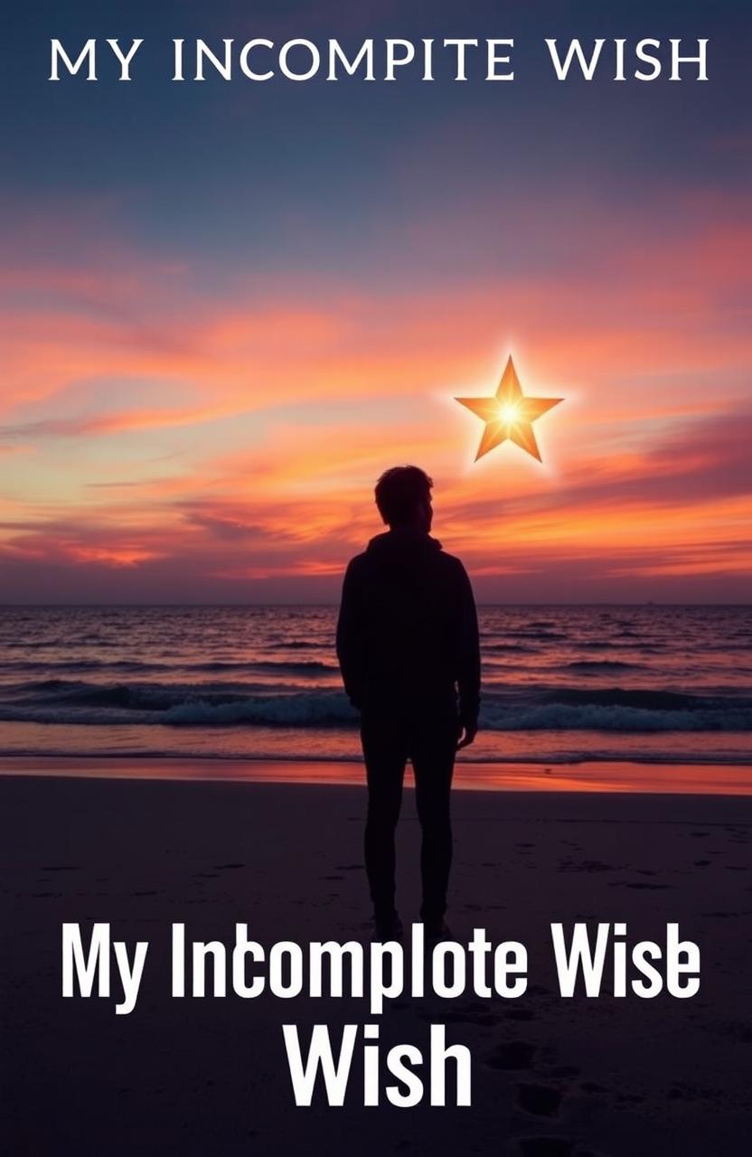 A book cover for 'My Incomplete Wish', depicting a solitary figure standing on a quiet beach at sunset