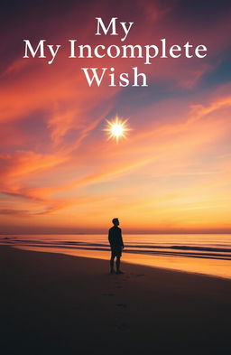 A book cover for 'My Incomplete Wish', depicting a solitary figure standing on a quiet beach at sunset