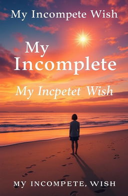 A book cover for 'My Incomplete Wish', depicting a solitary figure standing on a quiet beach at sunset