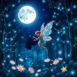 A stunning night scene of a beautiful fairy in a mystical forest, illuminated by a full moon