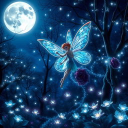 A stunning night scene of a beautiful fairy in a mystical forest, illuminated by a full moon