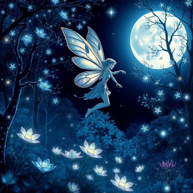 A stunning night scene of a beautiful fairy in a mystical forest, illuminated by a full moon