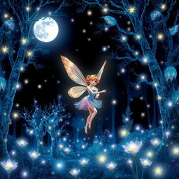 A stunning night scene of a beautiful fairy in a mystical forest, illuminated by a full moon