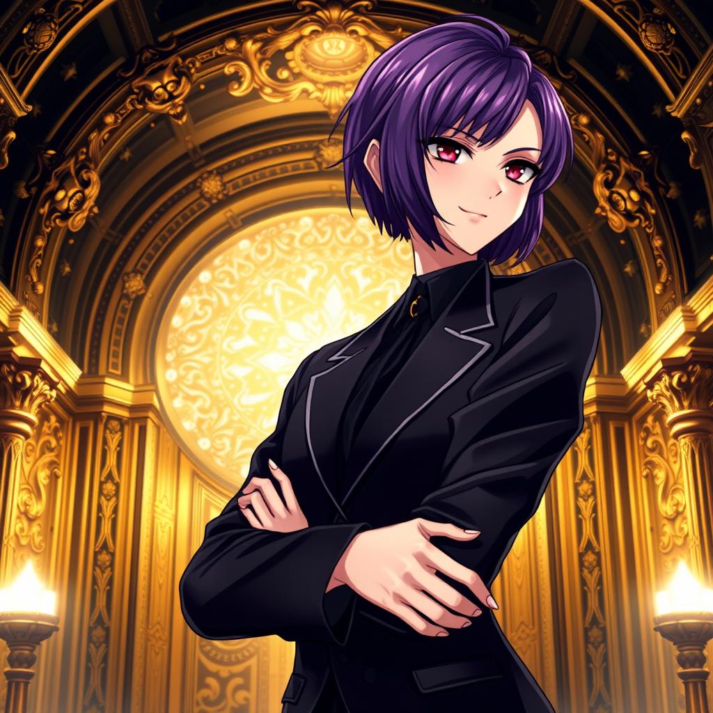 A stunning light novel cover featuring a tall adult female character dressed in a sleek black blazer that conveys a sense of power and elegance