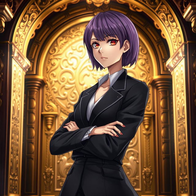 A stunning light novel cover featuring a tall adult female character dressed in a sleek black blazer that conveys a sense of power and elegance