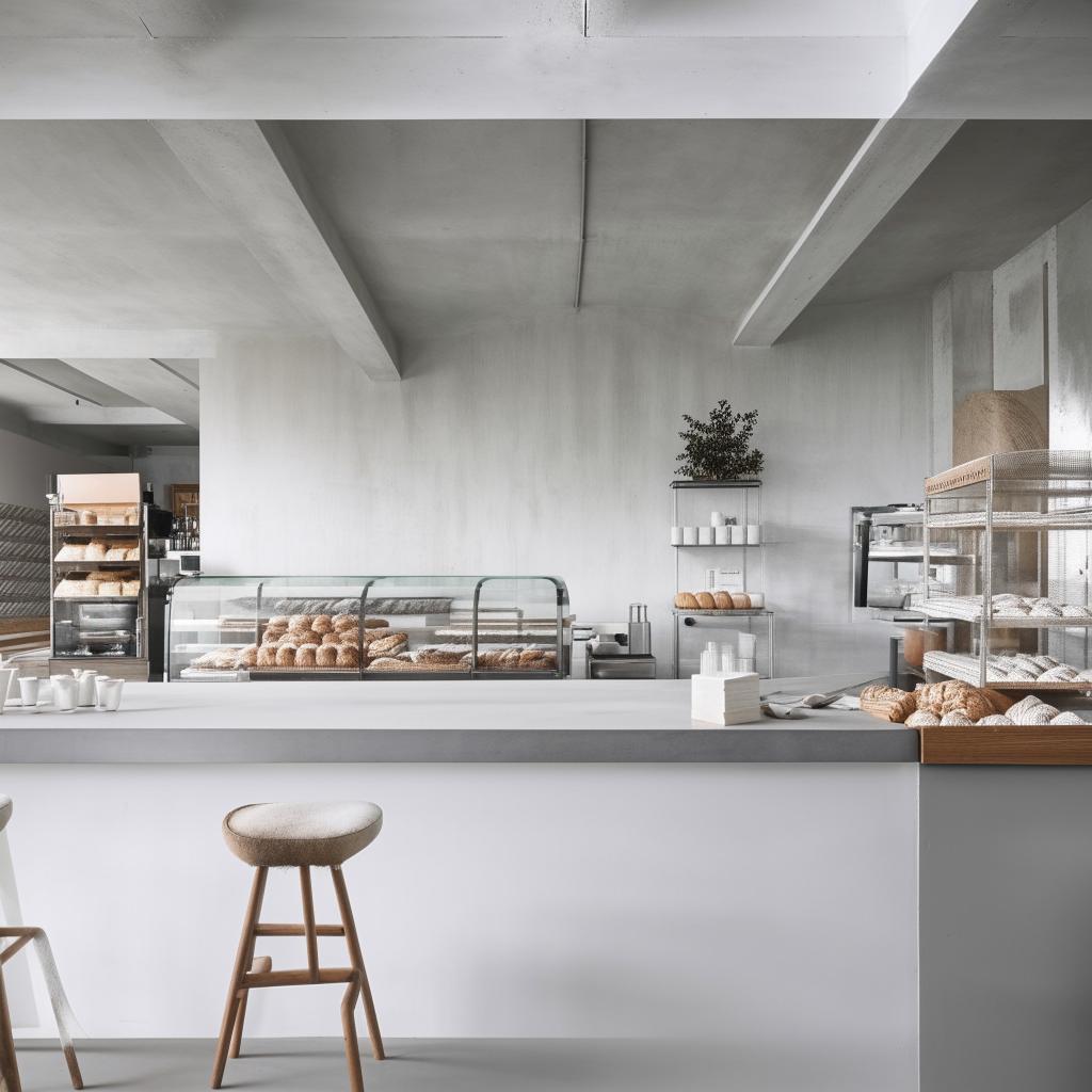 A modern bakery cafe with white concrete interiors in Parisian style, featuring sleek lines and minimalistic furniture. Pastries are displayed in glass cases and a contemporary coffee brewing station sits invitingly.