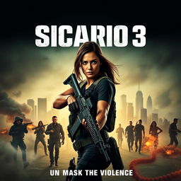 A visually striking movie poster for 'Sicario 3: The Shocking Return to the Darkest Side of Drug Trafficking', featuring a gritty and intense atmosphere