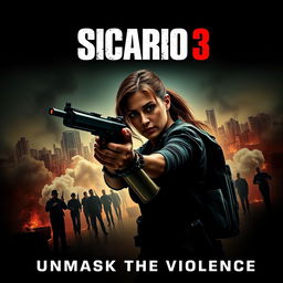 A visually striking movie poster for 'Sicario 3: The Shocking Return to the Darkest Side of Drug Trafficking', featuring a gritty and intense atmosphere