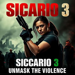 A visually striking movie poster for 'Sicario 3: The Shocking Return to the Darkest Side of Drug Trafficking', featuring a gritty and intense atmosphere