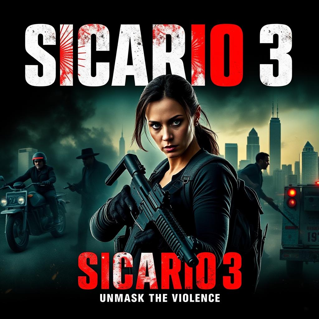 A visually striking movie poster for 'Sicario 3: The Shocking Return to the Darkest Side of Drug Trafficking', featuring a gritty and intense atmosphere