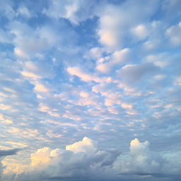 A vast sky filled with fluffy white clouds, vibrant shades of blue and hints of orange at the horizon, capturing the calming essence of a sunset