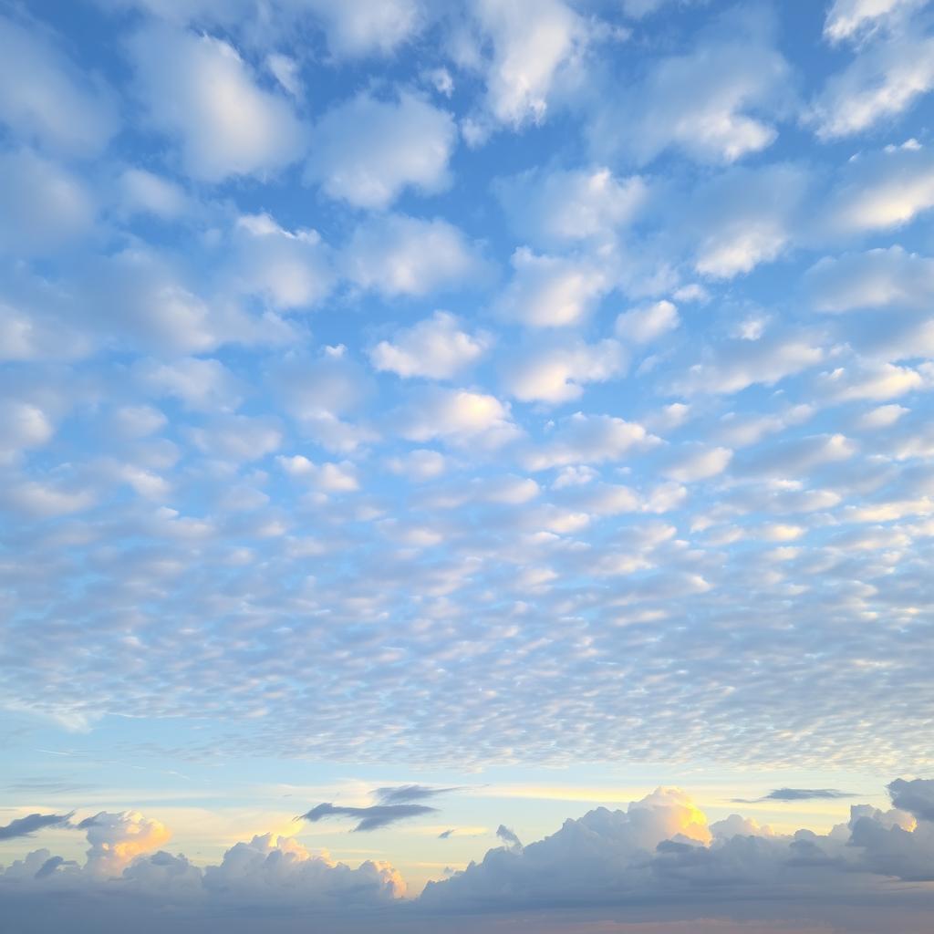 A vast sky filled with fluffy white clouds, vibrant shades of blue and hints of orange at the horizon, capturing the calming essence of a sunset