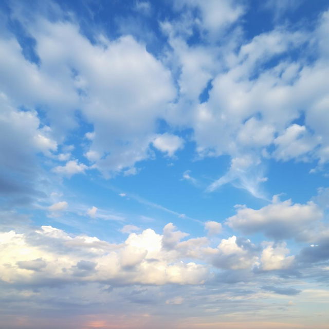 A vast sky filled with fluffy white clouds, vibrant shades of blue and hints of orange at the horizon, capturing the calming essence of a sunset