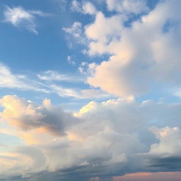 A vast sky filled with fluffy white clouds, vibrant shades of blue and hints of orange at the horizon, capturing the calming essence of a sunset
