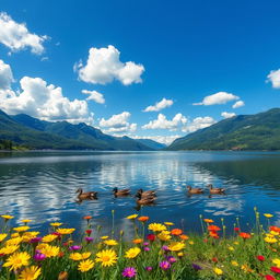 A serene and picturesque landscape featuring a tranquil lake surrounded by lush green mountains