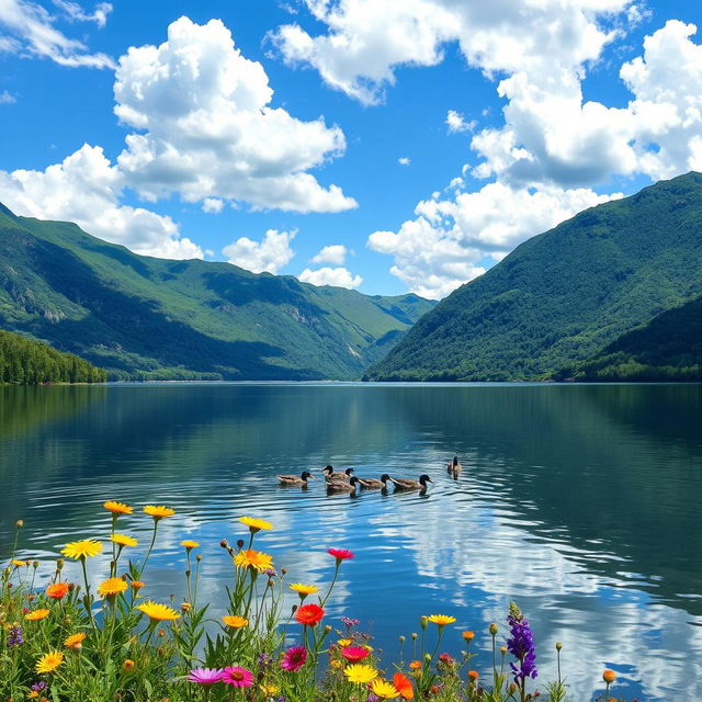 A serene and picturesque landscape featuring a tranquil lake surrounded by lush green mountains