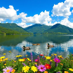 A serene and picturesque landscape featuring a tranquil lake surrounded by lush green mountains