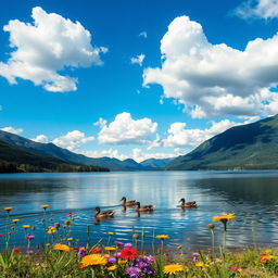 A serene and picturesque landscape featuring a tranquil lake surrounded by lush green mountains