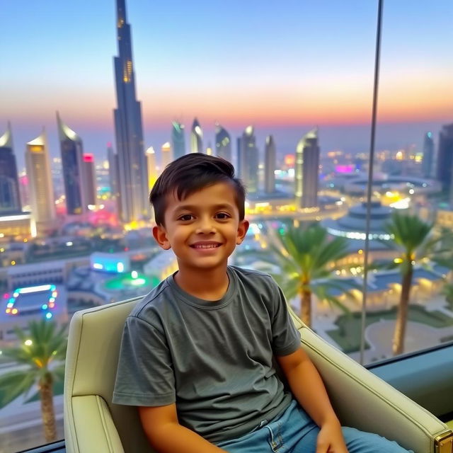 A young boy sitting comfortably in a stylish chair with a bright smile