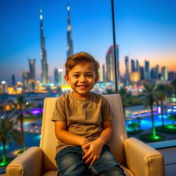 A young boy sitting comfortably in a stylish chair with a bright smile