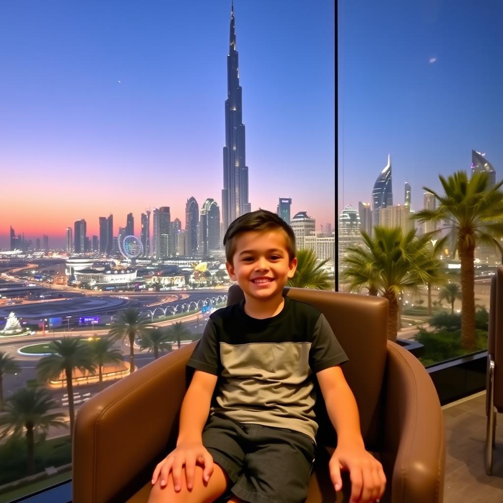 A young boy sitting comfortably in a stylish chair with a bright smile