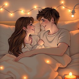 A romantic scene featuring a boy and a girl on a bed, surrounded by soft pillows and warm blankets