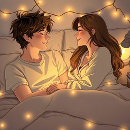 A romantic scene featuring a boy and a girl on a bed, surrounded by soft pillows and warm blankets