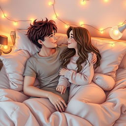 A romantic scene featuring a boy and a girl on a bed, surrounded by soft pillows and warm blankets