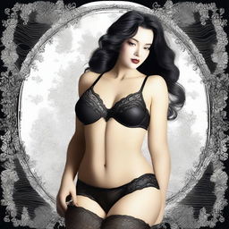 A high-quality digital art image featuring a woman dressed in black lingerie and stockings