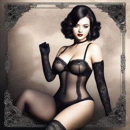 A high-quality digital art image featuring a woman dressed in black lingerie and stockings