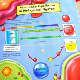 A detailed and vibrant educational illustration depicting Acid-Base Equilibrium in Biological Systems (Blo)