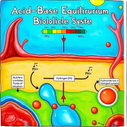 A detailed and vibrant educational illustration depicting Acid-Base Equilibrium in Biological Systems (Blo)