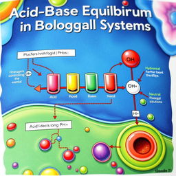 A detailed and vibrant educational illustration depicting Acid-Base Equilibrium in Biological Systems (Blo)