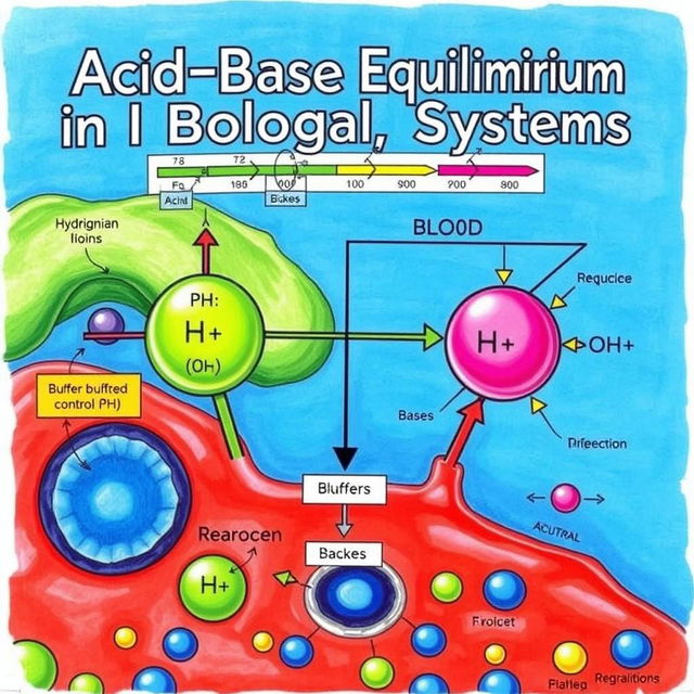 A detailed and vibrant educational illustration depicting Acid-Base Equilibrium in Biological Systems (Blo)